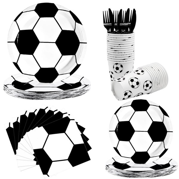 Poqirzan 144Pcs Soccer Party Supplies Soccer Birthday Party Tableware Set Serve 24 Guests Soccer Paper Plates Napkins Cups Knives Forks Soccer Dinnerware Soccer Party Soccer Theme Party Decorations