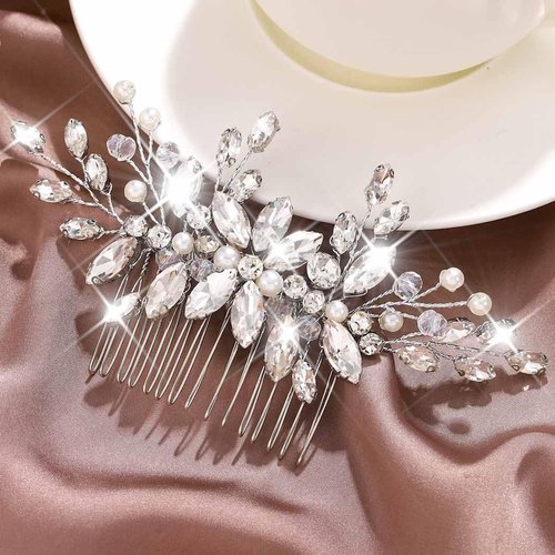 Catery Wedding Hair Comb Pearl Side Combs Rhinestones Hair Jewelry Crystal Hair Pieces Decorative Bridal Hair Accessories for Women and Girls (SILVER)