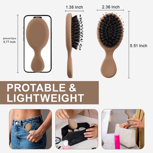 Jurrissa Mini Hair Bursh for Women,Men,Kids-Protable Travel Size Mini Detangler Brush for Pockets,Purses-Nylon&Boar Bristles Small Paddle Brush for Smooth,Add Shine(Mocha)