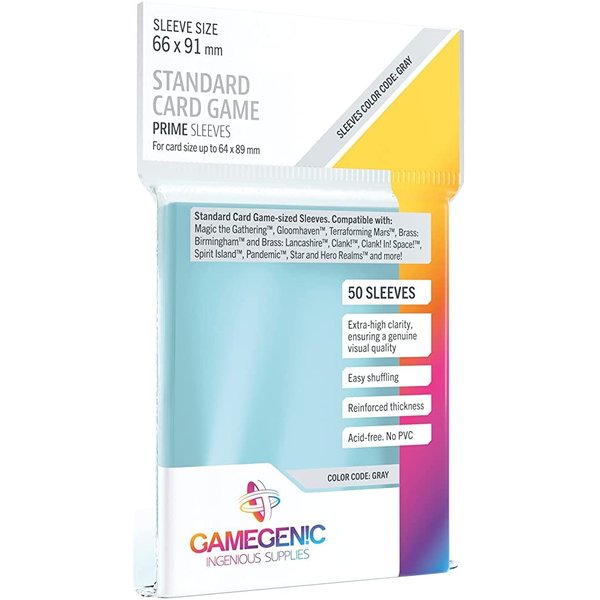 Prime Board Game Sleeves | Pack of 50 Extra-Clear Sleeves | 66 by 91 mm Card Sleeves Optimized for Use with Standard Card Games | Premium Card Protection | FFG Gray Color Code | Made by Gamegenic