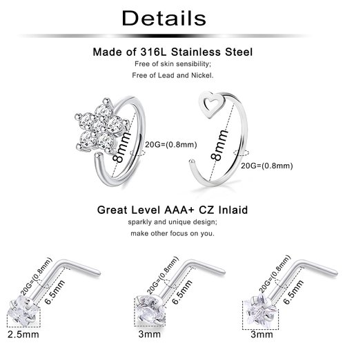 Ftovosyo 20G Surgical Steel Nose Rings Hoop for Women Men, Paved CZ Flower Piercing Jewelry L Shaped Nose Ring Stud Set