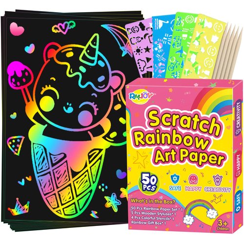 RMJOY Rainbow Scratch Art for Kids: Easter Basket Stuffers Gifts for Kids 60pcs Magic Art Craft Scratch Off Paper Supplies for Age 3-12 Girl Teen Toy Game for Valentines Birthday Gifts |Party Favor