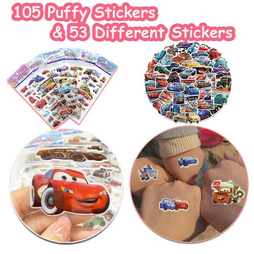 Party Favors Car Party Cute Set Include Mini Return Cars Candy Bag Random 3D Puffy Stickers Keychain Wristband Badge Slap Bracelet Sticker Pack for Birthday Party