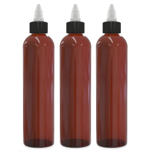 BRIGHTFROM Twist Top Applicator Bottles 8 OZ, Squeeze Empty Plastic Bottles, Black Nozzle, BPA-Free, PET, Refillable, Open/Close Nozzle - Multi Purpose (Amber) Pack of 3