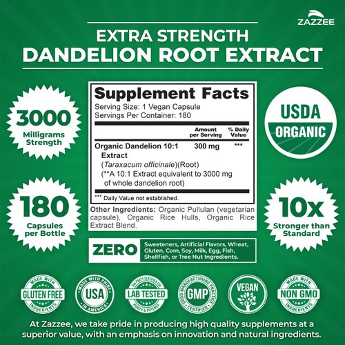 Zazzee USDA Organic Dandelion Root 10:1 Extract, 3000 mg Strength, 180 Capsules, 6 Month Supply, Standardized and Concentrated 10X Extract, 100% Vegetarian, All-Natural and Non-GMO