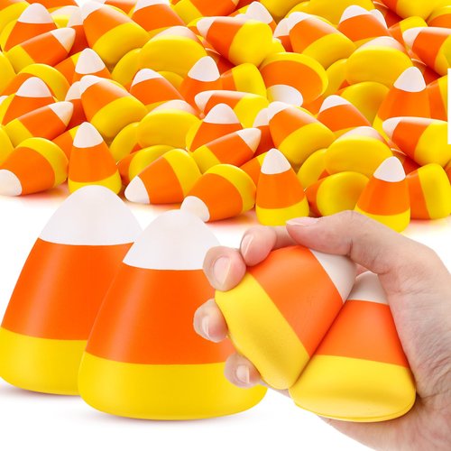 Deekin 100 Pcs Candy Corn Stress Toys Bulk 2.2 Inch Mini Squeezy Toys Novelty Halloween Stress Balls Trick or Treat Decorations Halloween Party Favors for Kids Adults Birthday Gifts Anxiety Relief