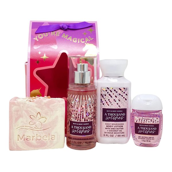 Bath & Body Works A Thousand Wishes You're Magical Gift Bag - Fragrance Mist - Body Lotion - Hand Gel - with a Himalayan Salts Springs Bar Soap - Travel Size