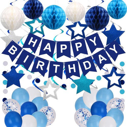 YEOCU Birthday Decorations, Happy Birthday Banner with Birthday Balloons, Honeycomb Balls, Hanging Swirls, Circle Dots Garland, Happy Birthday Party Decorations for Women Men Boys Girls (Blue)