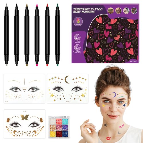 EBANKU Temporary Tattoo Markers for Skin, 6-Count Dual-End Body Markers + 3 Sheets Foil Body Stickers + 9 Colors Glitter Eye Shadow, Flexible Brush Tip, Bold and Fine Lines Tattoo Pens, Cosmetic-Grade