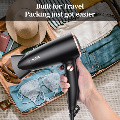 VGR Travel Hair Dryer, 110~250V Dual Voltage Hair Dryer with Concentrator Nozzles, Portable Hair Dryer with European Plug Adapter for International Travel, Europe Travel Essentials for Women