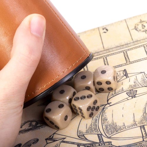 Liar's Dice Game Set - Classic Family Bluffing Game - Treasure Chest Includes Six Professional Bicast Leather Dice Cups, 30 Custom Bullseye D6 Dice, Custom Bidding Die, Pirate Ship Game Mat