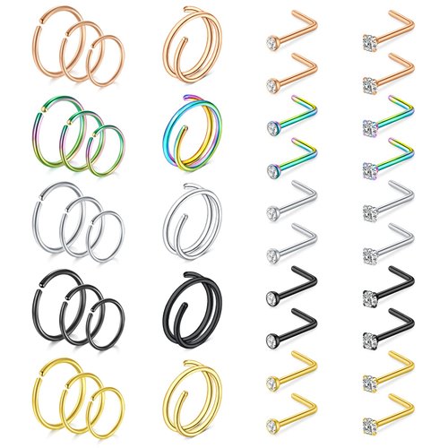 Mayhoop 20G Stainless Steel Nose Rings Nose Hoops Double Nose Rings L Shape Nose Studs Diamond Heart Hypoallergenic Nostril Nose Piercing Jewelry Silver Rose Gold Black Rainbow Gold 40Pcs