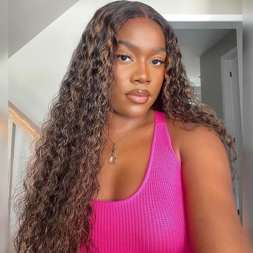 Vlusee 13x4 HD Deep Wave Lace Front Wigs Human Hair Ombre Brown Lace Front Wig Human Hair Pre Plucked Full Lace Frontal Curly Human Hair Glueless Wigs for Black Women 180% Density 24Inch