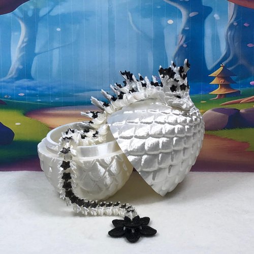 3D Printed Cherry Blossom Dragon with Dragon Egg, 12" Articulated White and Black Cherry Blossom Dragon, Home Decor Executive Desk Toys,Fidget Toys for Autism/ADHD D030-WHT