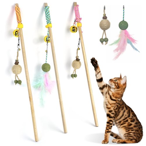 YUVEXAHOO Cat Wand Toy, 3 Sets Catnip Toy, Interactive cat Toys and Feather Toys Refills for Indoor Cats to Chase and Exercise