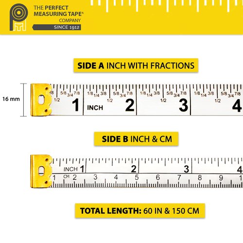Perfect Measuring Tape All-Purpose 60 Inch Double Sided Fractional Inches and Millimeter/Centimeter Tape Measure TR-16-frac (60 inch White)