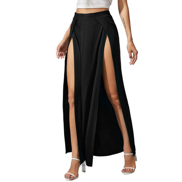 Verdusa Women's Elastic Waist High Split Wrap Flowy Long Maxi Skirt Black XL