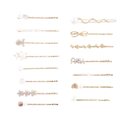 Doromy 15 Packs Rhinestone Faux Pearl Wedding Hair Accessories - Elegant Golden Bobby Pins, Hollow Design Hair Clips and Barrettes for Women Girls