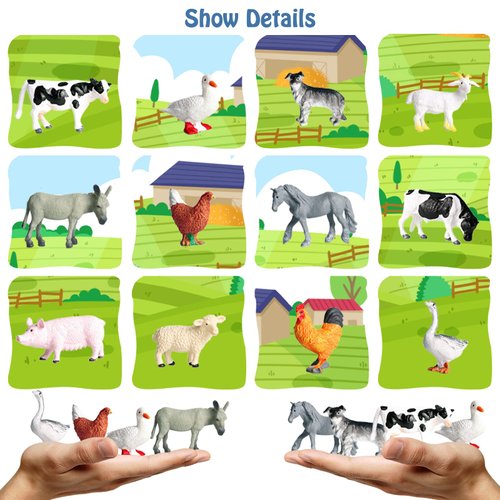 RCOMG 12 PCS Mini Farm Animal Figures, Plastic Miniature Farm Animals Toy Figurines, Educational Poultry Animal Figurines Cake Topper with Cow Horse Chicken Sheep Donkey Goose Duck Pig Dog