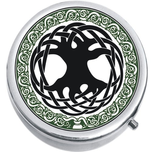 Celtic Tree Medicine Vitamin Compact Pill Box - Portable Pillbox case fits in Purse or Pocket