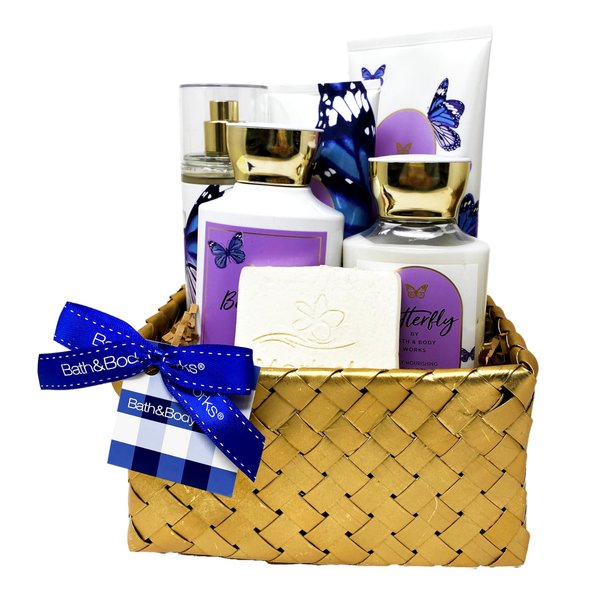 Bath & Body Works Butterfly - Gold Woven Basket 5 Piece Gift Set - Fine Fragrance Mist, Moisturizing Body Wash, Body Cream, Shower Gel and Body Lotion With a Natural Oats Sample Soap