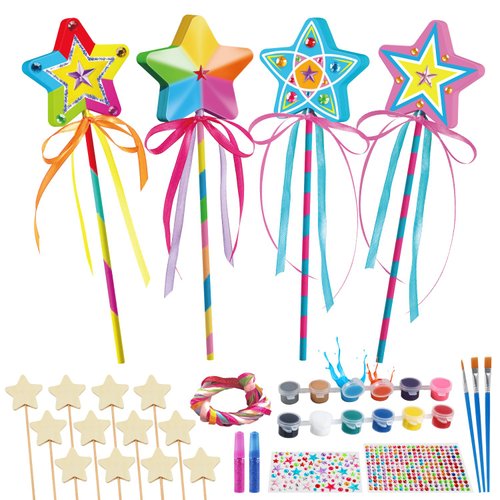Byncceh 12 Sets Make Your Own Wooden Princess Wand Craft Kit, Fairy Wands Kit Include Fairy Wands, Gems Stickers, Paint & Ribbons Decorate Art DIY Magical Show for Party Supplies for Girls Gifts