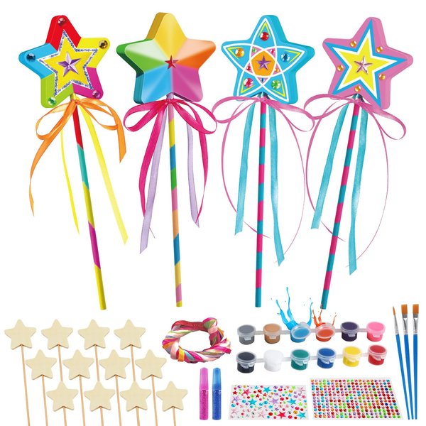 Byncceh 12 Sets Make Your Own Wooden Princess Wand Craft Kit, Fairy Wands Kit Include Fairy Wands, Gems Stickers, Paint & Ribbons Decorate Art DIY Magical Show for Party Supplies for Girls Gifts