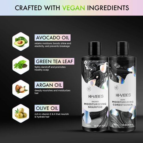 MOEHAIR Hi-Vibes Vegan Shampoo and Conditioner Set | Adds Shine, Softens & Hydrates Hair | Strengthens Hair | Deeply Nourishes | Suitable for All Hair Types | Paraben & Sulfate Free (16.9 Oz. Fl)
