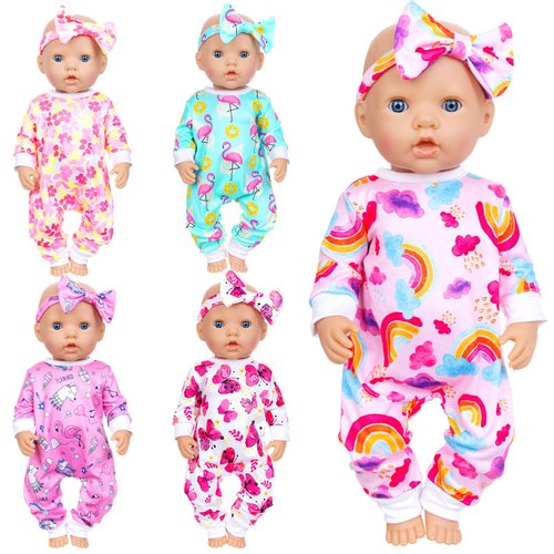 Ecore Fun 5 Sets Baby Doll Clothes and Headbands Baby Doll Accessories Set for 14 -16 Inch Doll, Total 10 pcs Cute Pattern Jumpsuit Doll Clothes and Accessories for 15 Inch Baby Dolls 18 Inch Dolls