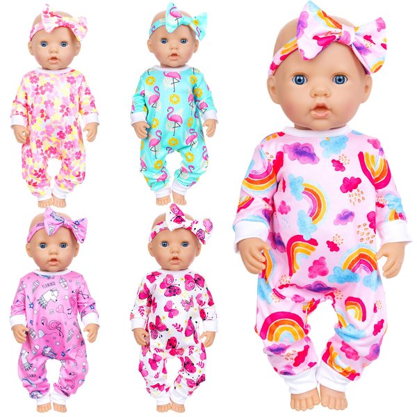 Ecore Fun 5 Sets Baby Doll Clothes and Headbands Baby Doll Accessories Set for 14 -16 Inch Doll, Total 10 pcs Cute Pattern Jumpsuit Doll Clothes and Accessories for 15 Inch Baby Dolls 18 Inch Dolls