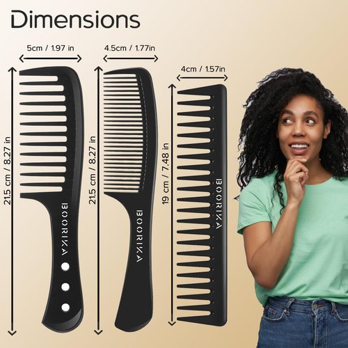 Boorika Wide Tooth Comb - Carbon Fiber Hair Comb for Curls - Pack of 3 - Heat Resistant, Anti-Static, Suitable for All Hair Types, Long Lasting, Great for Detangling and Styling