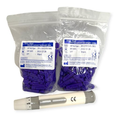 One Step Lancing Device & 100 x 30 Gauge Twist Top Lancets, Blood Sampling Pen, 5 Depth Settings, Diabetic Sugar Level Testing, Less Pain and Ejector