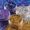 Holographic Chunky Glitter Silver Gold Magic Purple and Purplish Blue Cosmetic Body Hair Face Eye for Festival Carnival Beauty Rave Accessories Different Shapes 4 Pots+ Quick Dry Primer Glue Gel