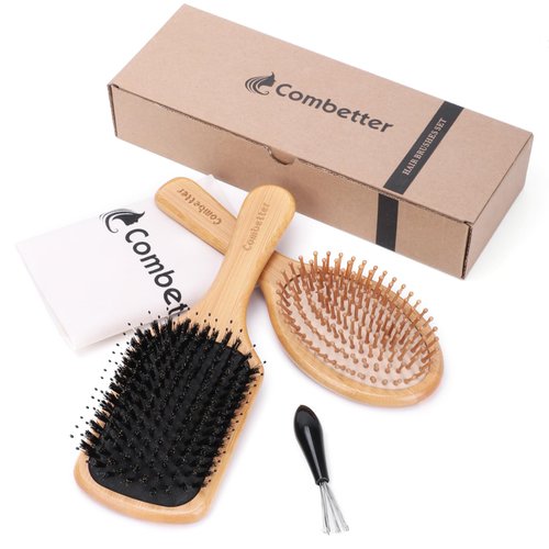 Combetter 2PCS Bamboo Boar Bristle Hair Brush, Natural Hairbrush Set With Cleaning Claw and Bag, Smoothes Frizz, and Restores Shine for All Hair Types