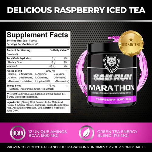 6AM Run Marathon, Pre-Workout Powder for Distance Running, Essential Amino Energy for Cardio & Stamina, All-Natural High-Energy Formula with No Jitters, Raspberry Iced Tea, 40 Servings