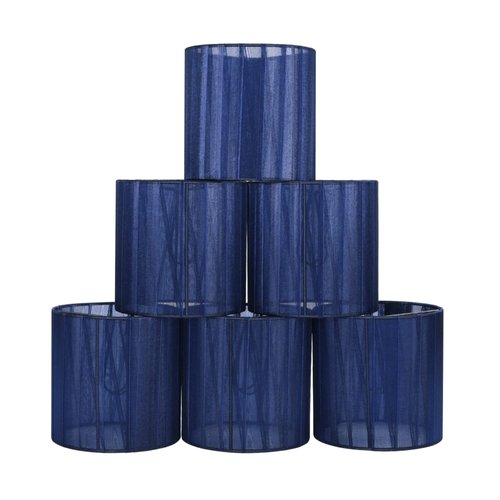 LAMPWELL LYON Clip-on Chandelier Organza Fabric Lamp Shades,Set of 6,Small Drum,5.2"×5.2"×H5.2", Organzy Ribbon, Handmade,Modern Trendy Decorative,ONLY FOR CANDLE BULB,Navy Blue