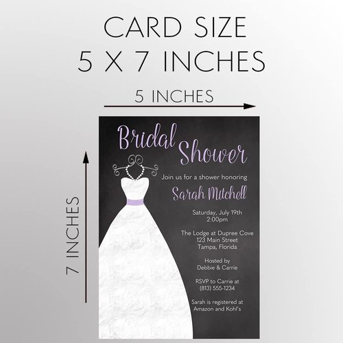 Bridal Shower Invitations Chalkboard Wedding Invites Gown Black Purple White Lavender Dress Blackboard Luncheon Pearls Customized Custom Printed Cards (12 Count)