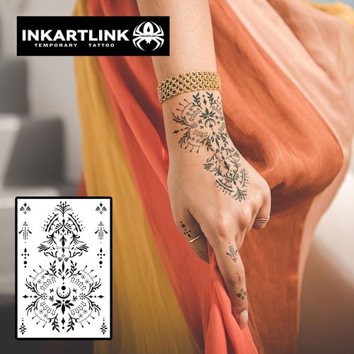 INKARTLINK Temporary Tattoos, 2 Sheets Medium Semi Permanent Tattoo Adult Art Design Waterproof Temp Tattoo Party Favors Realistic Look, No Adhesive, Lasts 1-2 Weeks Black (Henna Design)