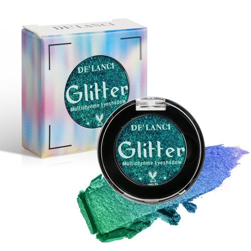 DE'LANCI Peacock Green Glitter Eyeshadow Single, Duo Chrome Green Eye Shadow Palette Metallic Shimmery, Intense Color Sparkly Emerald Green Multichrome Eyeshadow for Christmas Blue Green Eyes Makeup