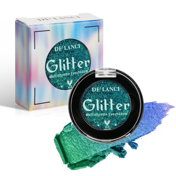 DE'LANCI Peacock Green Glitter Eyeshadow Single, Duo Chrome Green Eye Shadow Palette Metallic Shimmery, Intense Color Sparkly Emerald Green Multichrome Eyeshadow for Christmas Blue Green Eyes Makeup
