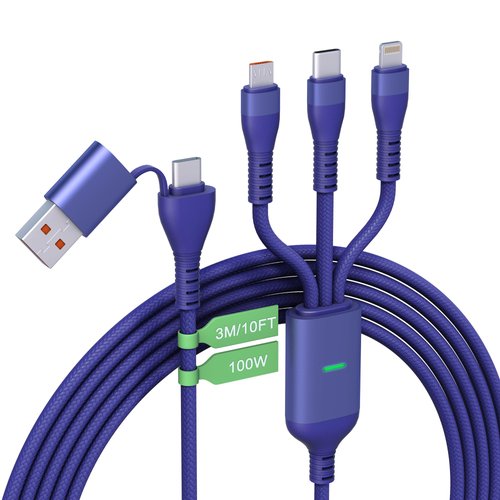 100W USB C to Multi Charging Cable 3M [MFi Certified] 2-in-1 USB A to C PD Port & 3-in-1 Multiple Charging Cable with Lightning/Type C/Micro-USB, Universal Sync Charger Cable for Laptop Phone Tablet