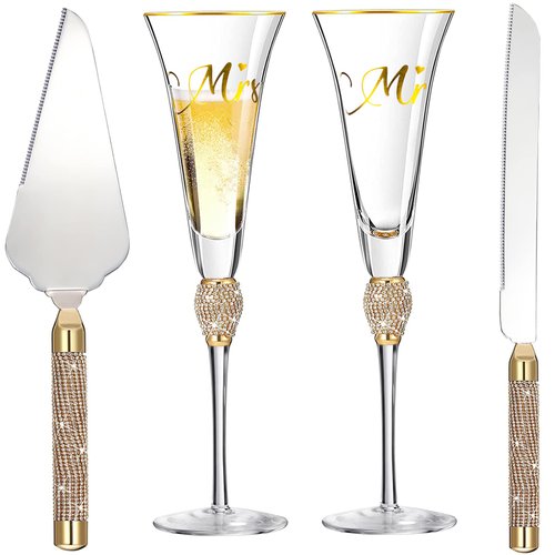 VARLKA Wedding Cake knife and Server Set, Mr and Mrs Champagne Flutes and Gold Cake Cutting Set for Wedding, Wedding Glasses for Bride and Groom