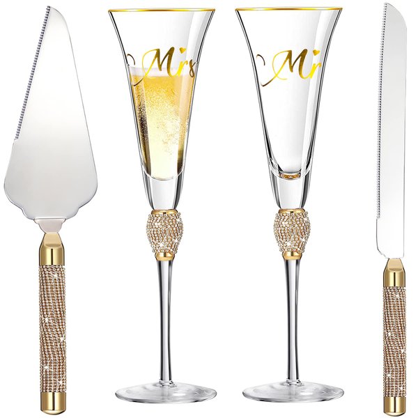 VARLKA Wedding Cake knife and Server Set, Mr and Mrs Champagne Flutes and Gold Cake Cutting Set for Wedding, Wedding Glasses for Bride and Groom
