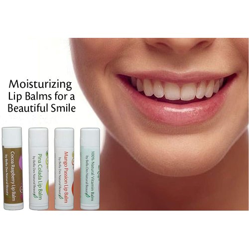 Set of 4 Lip Balms | Pina Colada, Mango Passion, Cocoa Raspberry, Natural | 100% Natural Ingredients | Soothes Chapped Lips | Coconut Oil, Cocoa Butter, Vitamin E | by Bella Des Natural Beauty