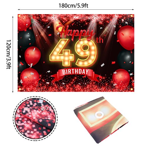 Happy 49th Birthday Banner Backdrop Red and Black 49 Years Old Background Bday Decorations for Women Men Photography Party Supplies Glitter