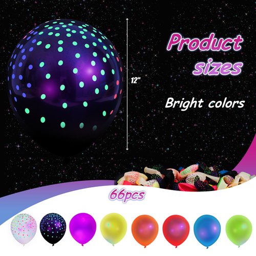 LovesTown 66PCS Glow Balloons Assorted, UV Neon Party Latex Balloons 12" Fluorescent Balloons with Small Dots for Birthday Wedding Glow Party Supplies
