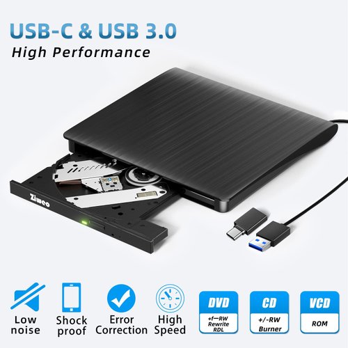 External DVD Drive USB 3.0 Type-C CD Burner Portable CD +/-RW Drive DVD Player for ROM Rewriter Burner Compatible with Laptop Desktop PC Windows MacBook Linux Mac OS