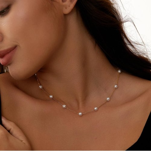 ASCOMY Dainty Pearl Necklace 14K Gold Plated Minimalist Trendy Gold Chain Link Necklaces Tiny Pearl Gold link Chain Jewelry Everyday Necklace for Women