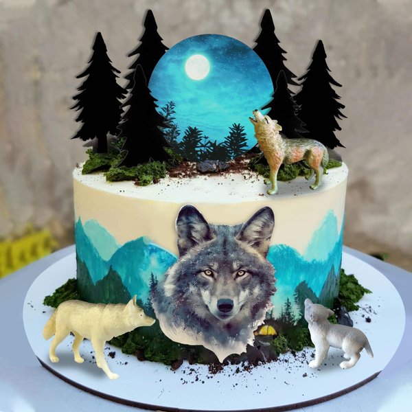 13 PCS Wolf Cake Topper Full Moon Cake Decor with Animal Figurine for Baby Shower Wolf Themed Wedding Birthday Party Supplies (Gray)