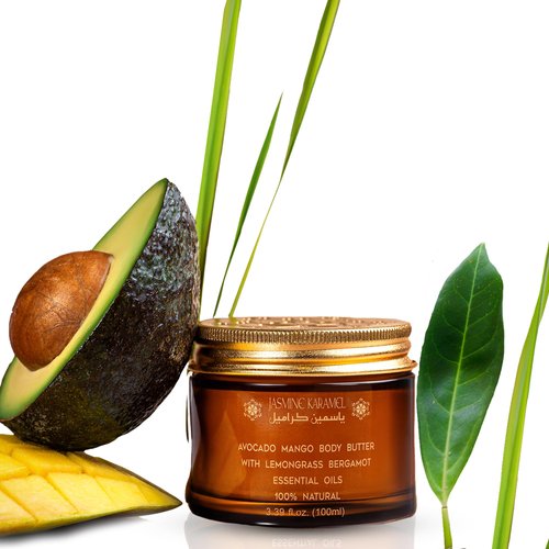 Jasmine Karamel Natural, Organic Mango, Avocado Body Butter, Premium Grade, Botanical Power, Vegan, Chemical Free, Deep Hydration, Non-Greasy, All Skin Types, Scented with Lemongrass & Bergamot Oils